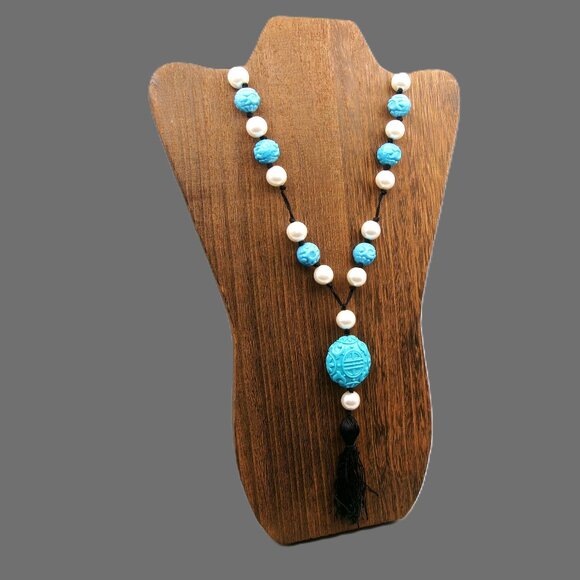 KJL Faux Pearl and Turquoise Y Shou Beaded Station Necklace with Carved Pendant - Picture 1 of 10